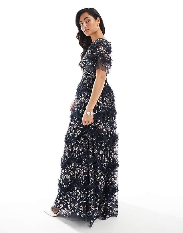 Asos Maya Fully Embellished Short Sleeve V Neck Ruffle Maxi Dress In Navy