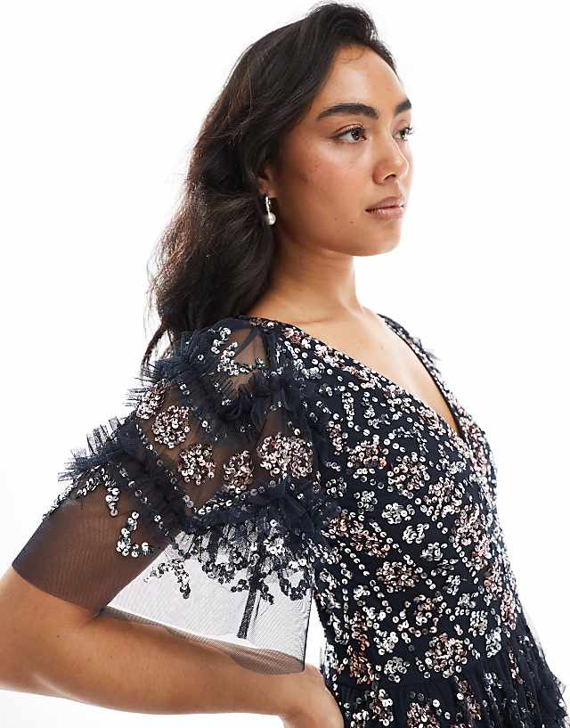 Asos Maya Fully Embellished Short Sleeve V Neck Ruffle Maxi Dress In Navy