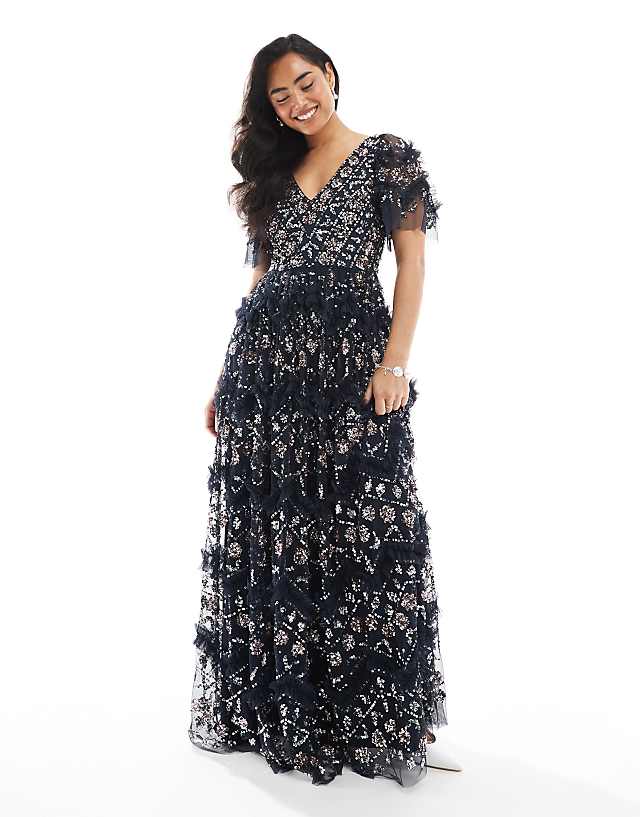 Asos Maya Fully Embellished Short Sleeve V Neck Ruffle Maxi Dress In Navy