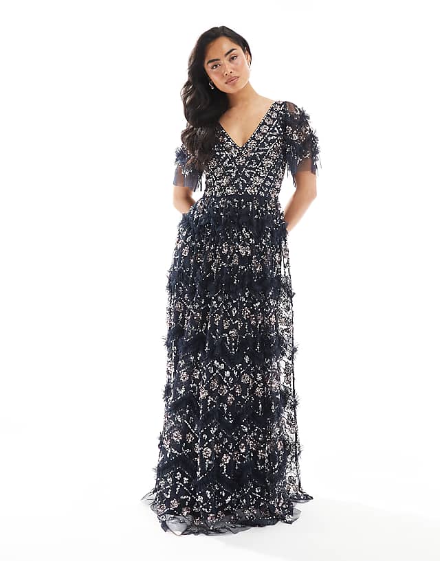 asos Maya Fully embellished short sleeve v neck ruffle maxi dress in navy