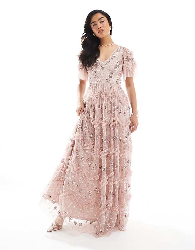 asos Maya Fully embellished short sleeve v neck ruffle maxi dress in frosted pink