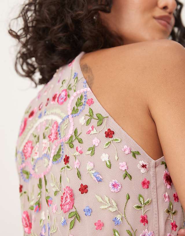 Asos Maya Halter Neck Embroidered Tie Maxi Dress In Frosted Pink