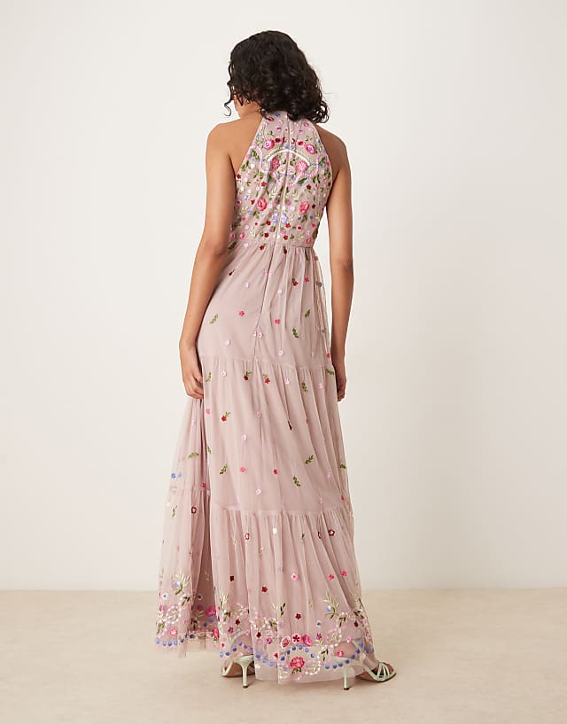 Asos Maya Halter Neck Embroidered Tie Maxi Dress In Frosted Pink
