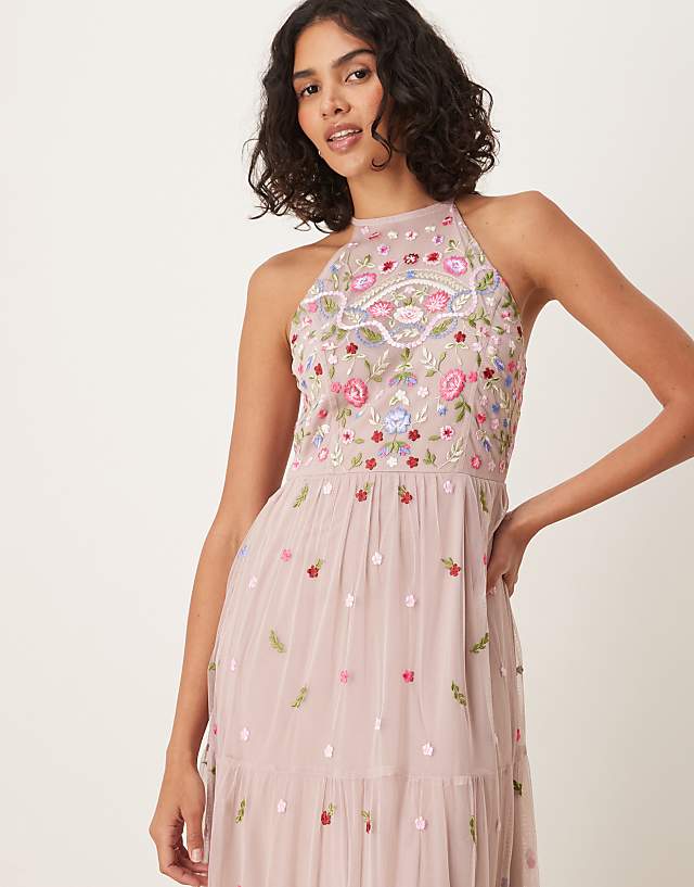 Asos Maya Halter Neck Embroidered Tie Maxi Dress In Frosted Pink