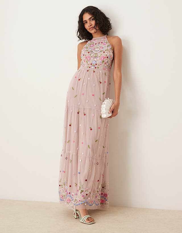 asos Maya Halter neck embroidered tie maxi dress in frosted pink