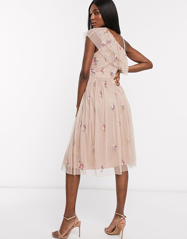 Asos Maya Maternity Ruffle One Shoulder Floral Embellished Midi Skater Dress In Taupe Blush