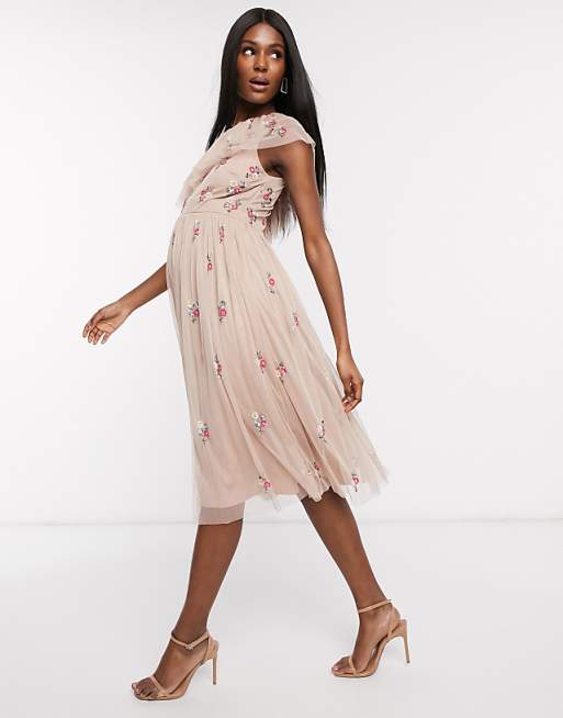 Asos Maya Maternity Ruffle One Shoulder Floral Embellished Midi Skater Dress In Taupe Blush