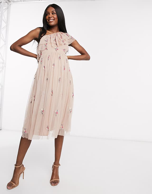 Asos Maya Maternity Ruffle One Shoulder Floral Embellished Midi Skater Dress In Taupe Blush