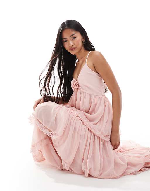 Asos Miss Selfridge Chiffon Tierred Maxi Dress In Dusky Pink