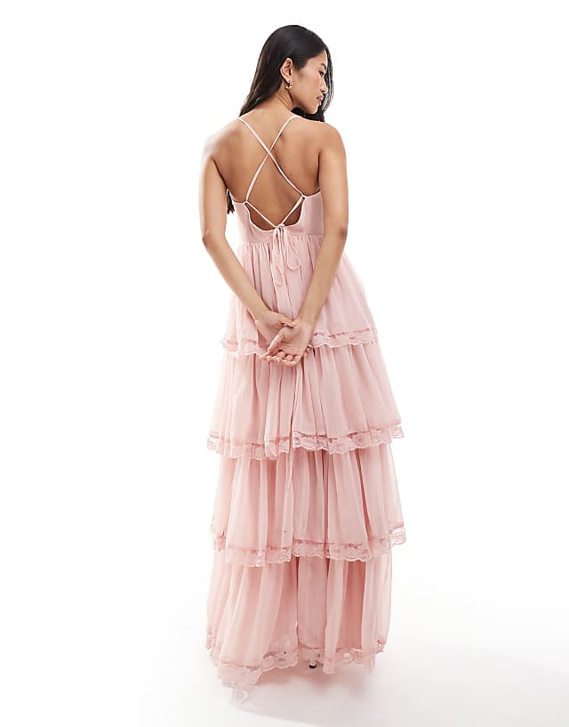 Asos Miss Selfridge Chiffon Tierred Maxi Dress In Dusky Pink