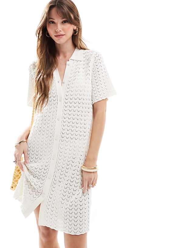 Asos Miss Selfridge Crochet Contrast Polo Button Through Knit Dress In Cream