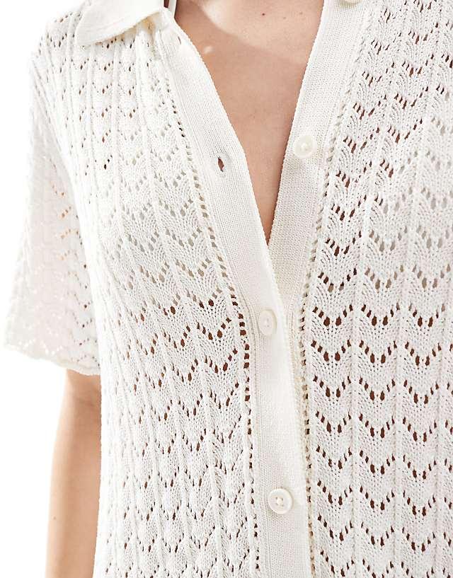 Asos Miss Selfridge Crochet Contrast Polo Button Through Knit Dress In Cream