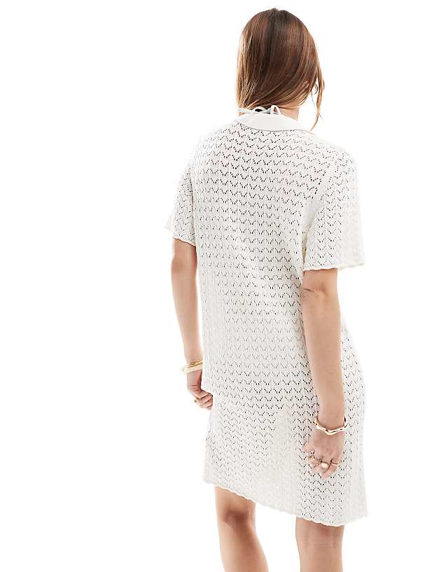Asos Miss Selfridge Crochet Contrast Polo Button Through Knit Dress In Cream