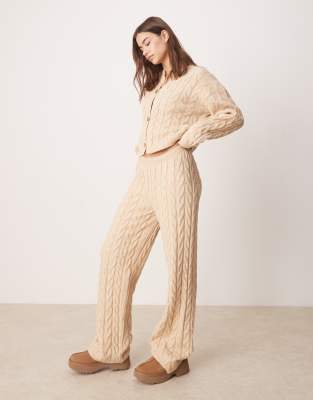 Asos Miss Selfridge Knitted Cable Cardigan And Wide Leg Trouser Co Ord In Oatmeal