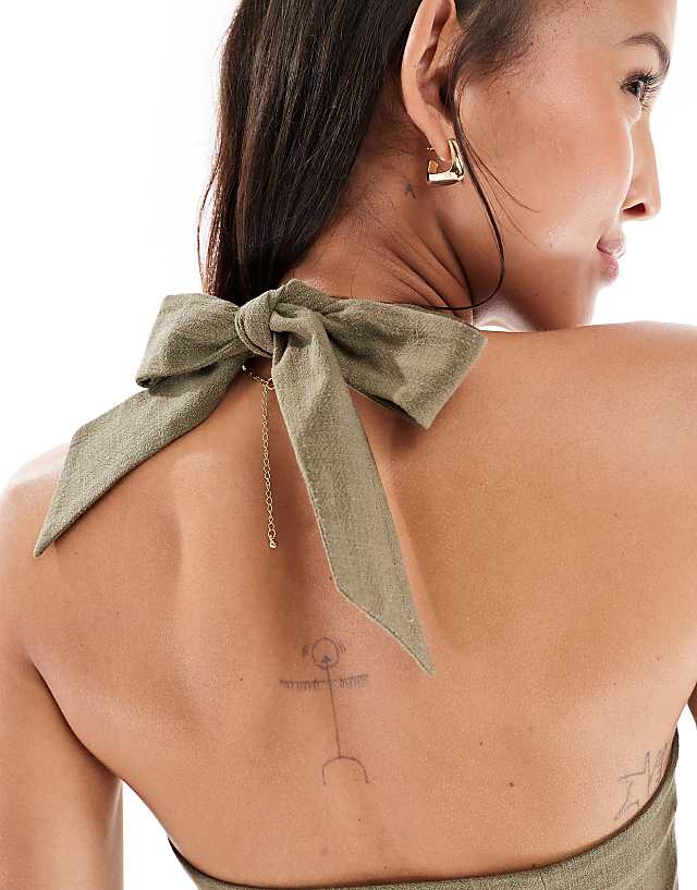 Asos Miss Selfridge Linen Blend Button Through Halter Neck Waistcoat In Khaki