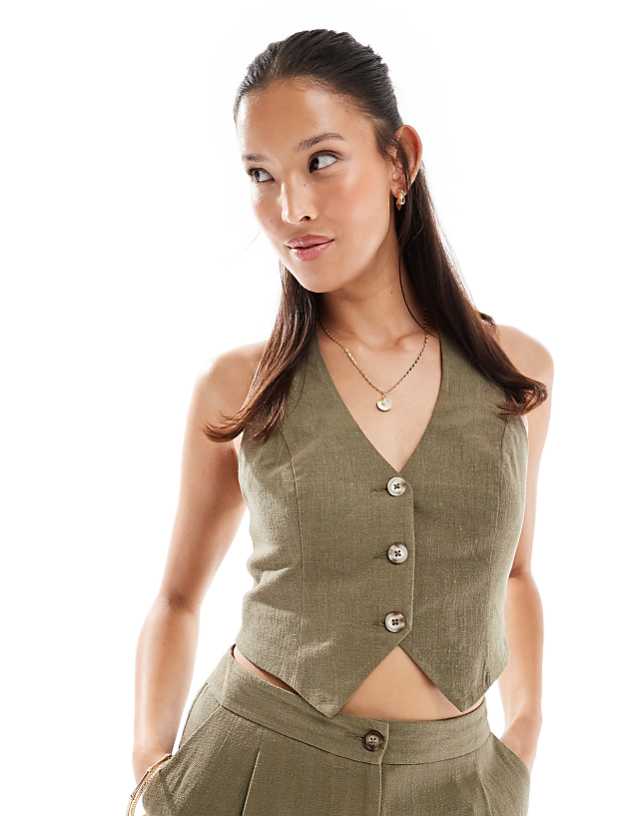 asos Miss Selfridge linen blend button through halter neck waistcoat in khaki