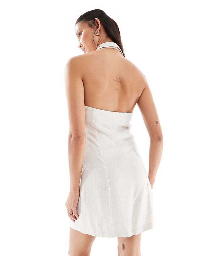Asos Miss Selfridge Linen Blend Collared Halter Mini Dress In Stone