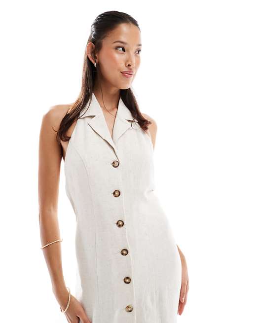 Asos Miss Selfridge Linen Blend Collared Halter Mini Dress In Stone