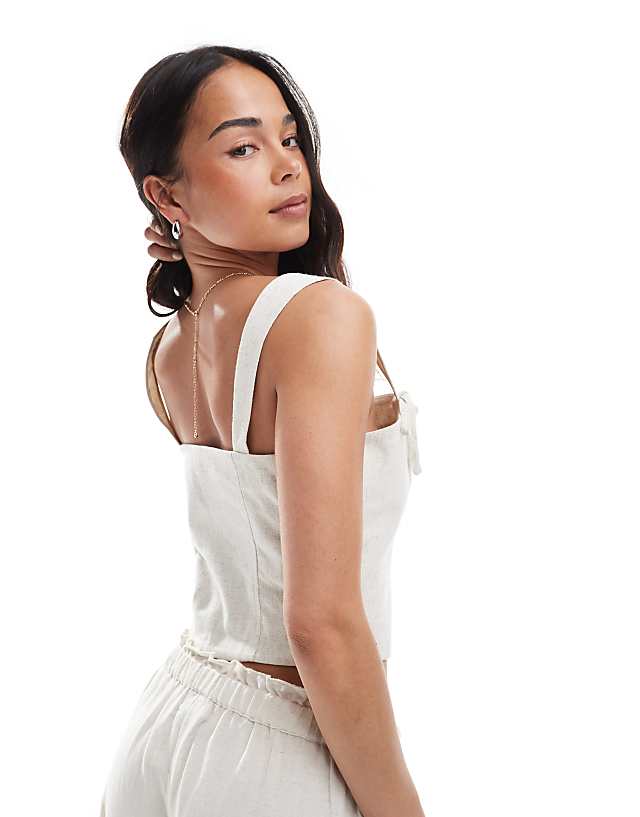 Asos Miss Selfridge Linen Blend Corset Top With Bow Detail In Stone