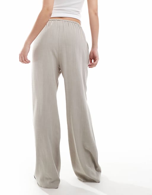 Asos Miss Selfridge Linen Blend Drawstring Waist Wide Leg Trousers In Taupe