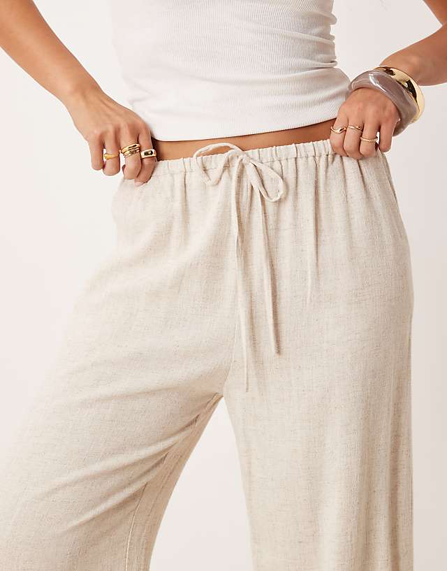 Asos Miss Selfridge Linen Blend Drawstring Waist Wide Leg Trousers In Stone