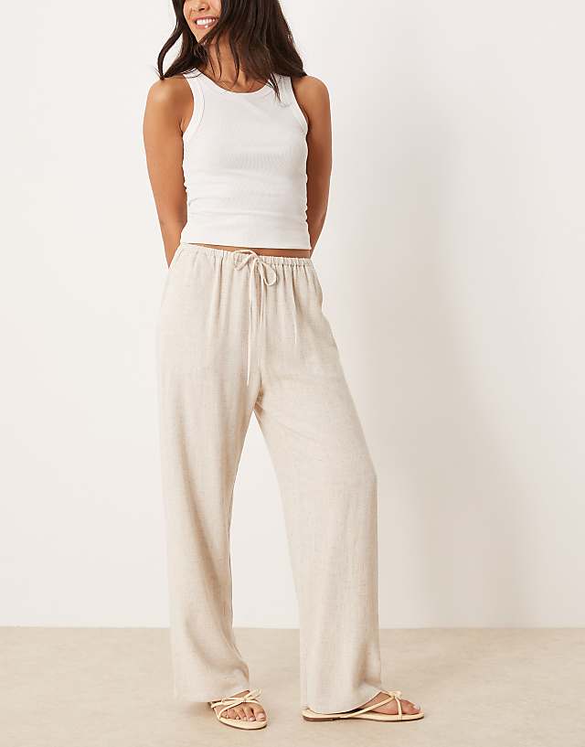 Asos Miss Selfridge Linen Blend Drawstring Waist Wide Leg Trousers In Stone