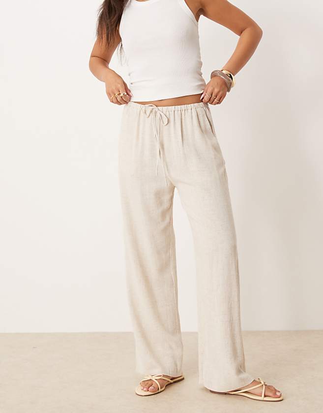 asos Miss Selfridge linen blend drawstring waist wide leg trousers in stone