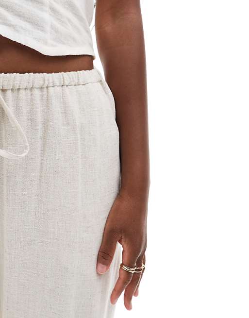 Asos Miss Selfridge Linen Blend Drawstring Waist Wide Leg Trousers In Stone