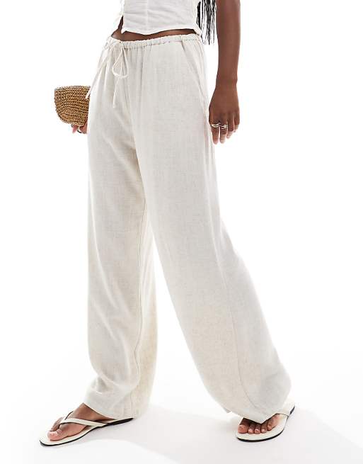 Asos Miss Selfridge Linen Blend Drawstring Waist Wide Leg Trousers In Stone