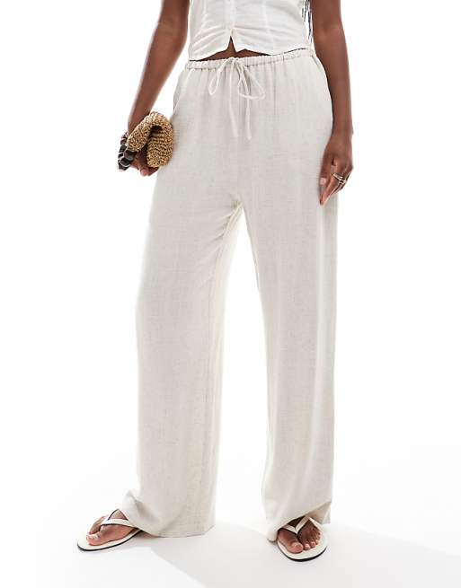asos Miss Selfridge linen blend drawstring waist wide leg trousers in stone