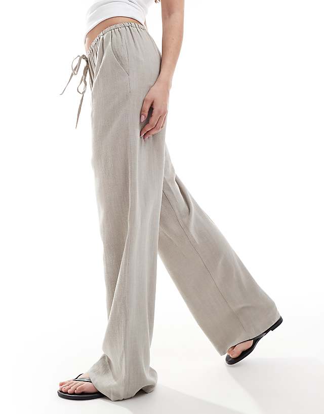 Asos Miss Selfridge Linen Blend Drawstring Waist Wide Leg Trousers In Taupe