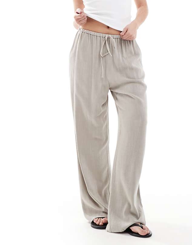 asos Miss Selfridge linen blend drawstring waist wide leg trousers in taupe