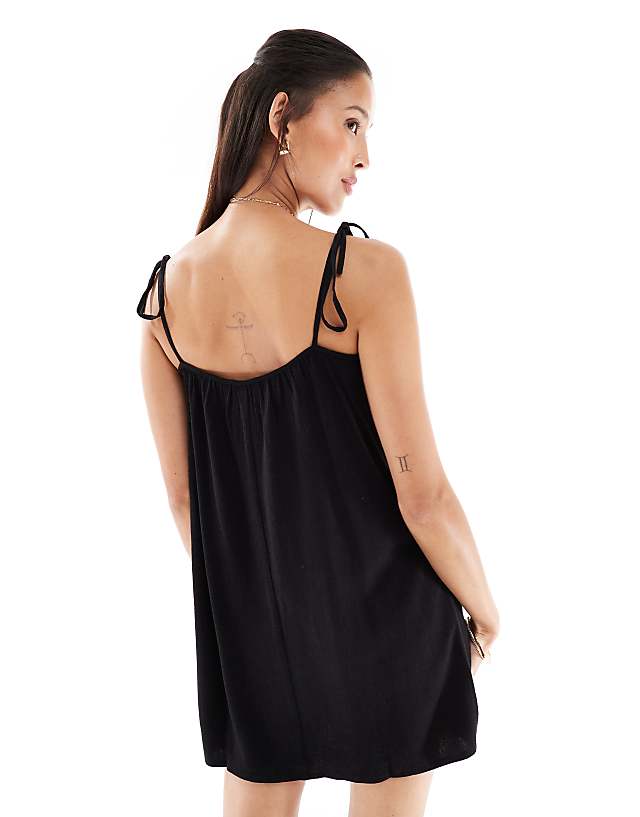 Asos Miss Selfridge Linen Blend Swing Mini Dress With Tie Straps In Black