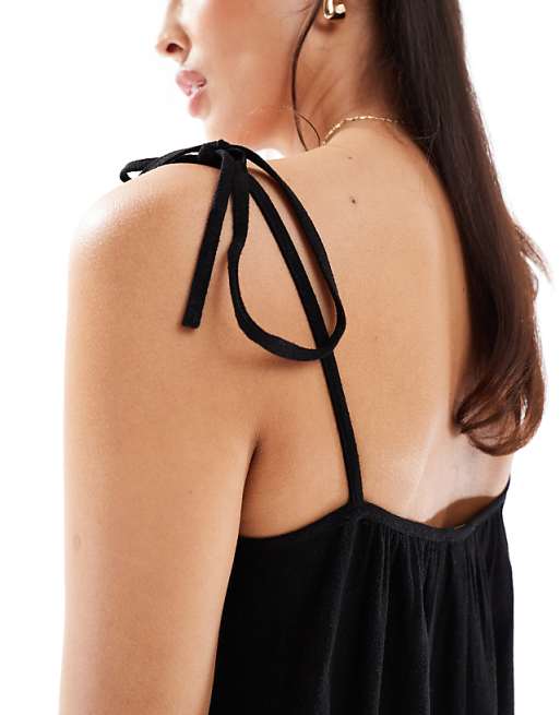 Asos Miss Selfridge Linen Blend Swing Mini Dress With Tie Straps In Black
