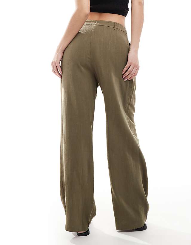 Asos Miss Selfridge Linen Blend Tailored Wide Leg Trousers In Khaki