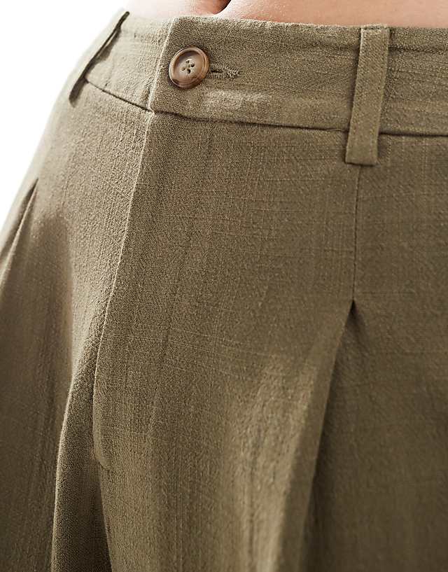 Asos Miss Selfridge Linen Blend Tailored Wide Leg Trousers In Khaki