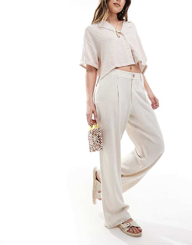 asos Miss Selfridge linen blend tailored wide leg trousers in stone