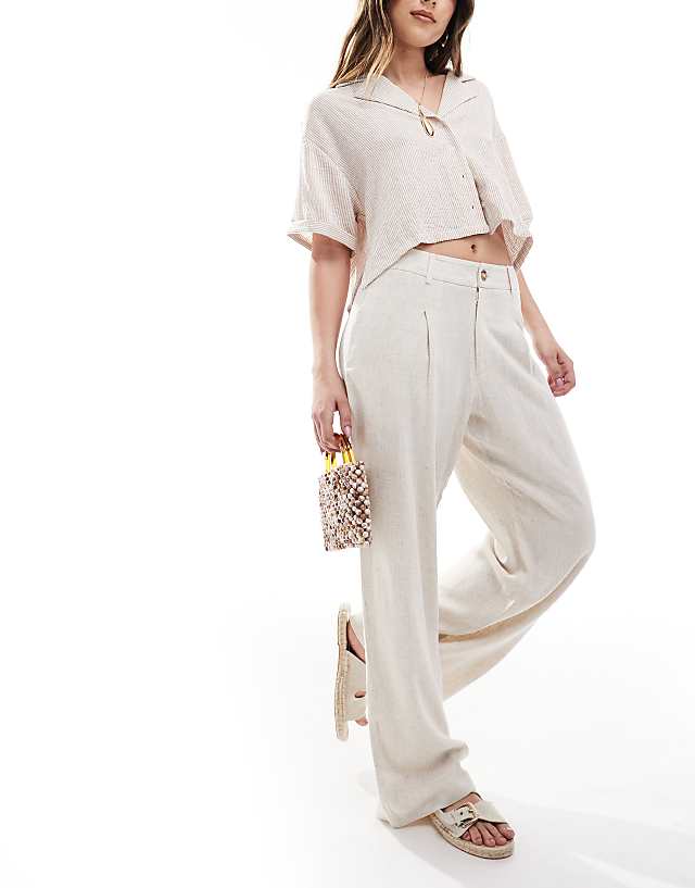asos Miss Selfridge linen blend tailored wide leg trousers in stone