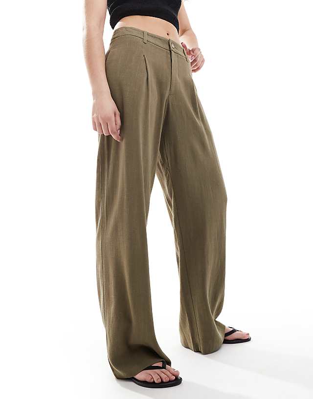 Asos Miss Selfridge Linen Blend Tailored Wide Leg Trousers In Khaki