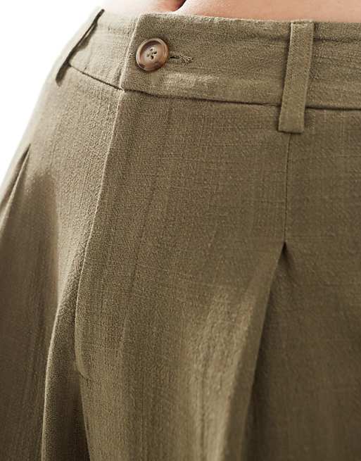 Asos Miss Selfridge Linen Blend Tailored Wide Leg Trousers In Khaki