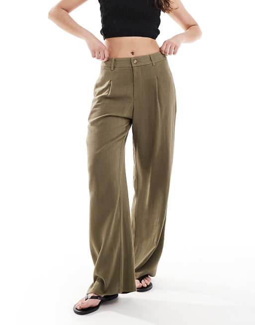 asos Miss Selfridge linen blend tailored wide leg trousers in khaki