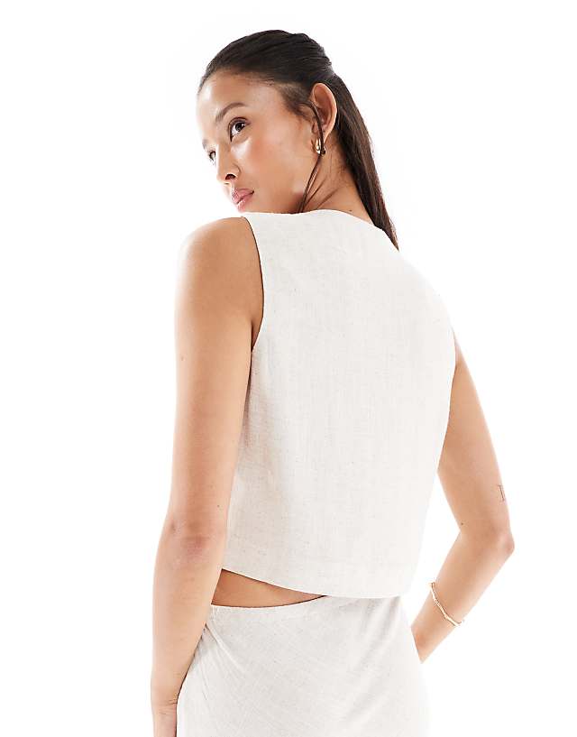 Asos Miss Selfridge Linen Blend Tie Front Waistcoat In Stone