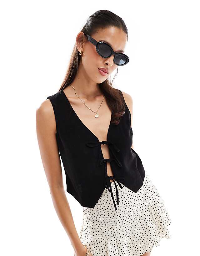 asos Miss Selfridge linen blend tie front waistcoat in black