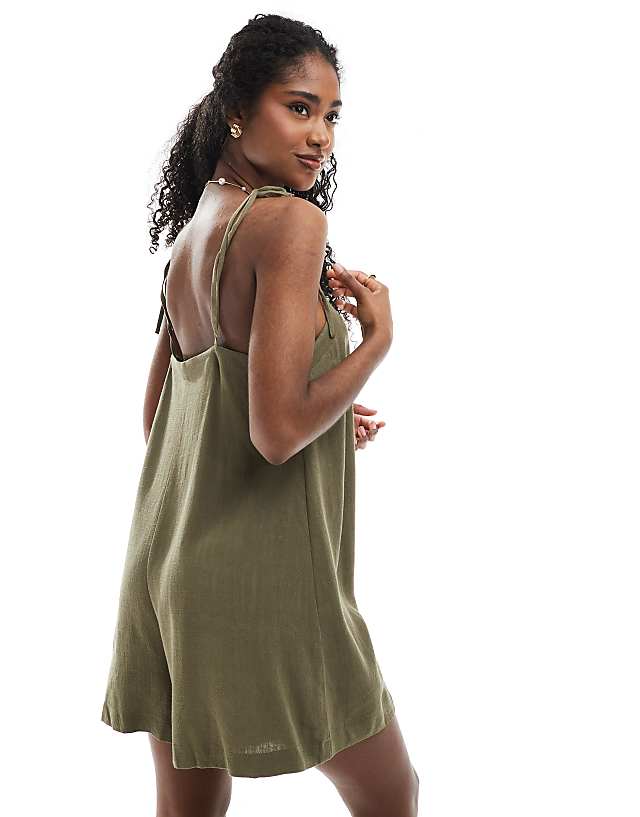Asos Miss Selfridge Linen Blend Tie Shoulder Playsuit In Khaki