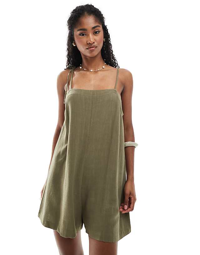 asos Miss Selfridge linen blend tie shoulder playsuit in khaki