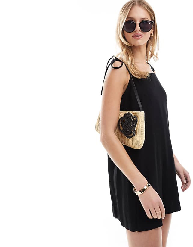 asos Miss Selfridge linen blend tie shoulder playsuit in black