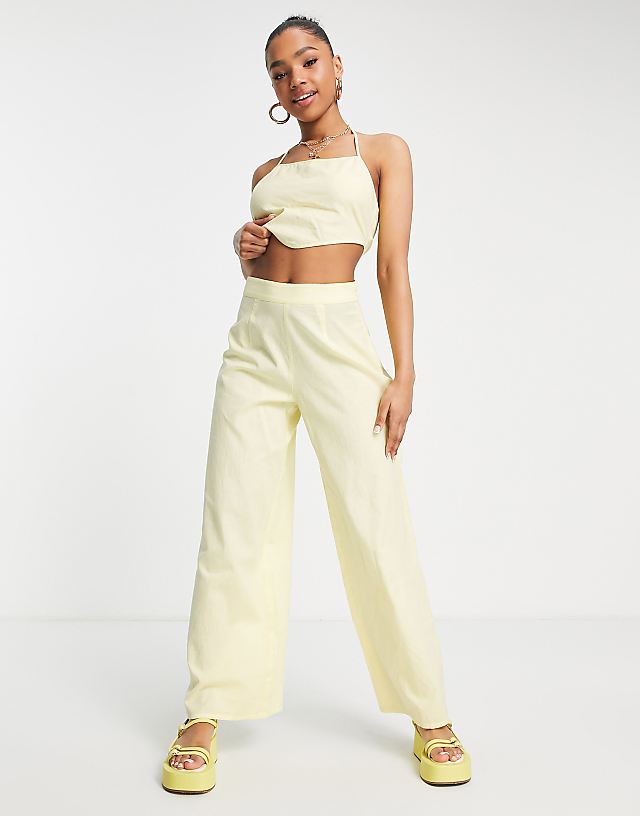 Asos Miss Selfridge Linen Blend Wide Leg Trouser Co-ord In Lemon
