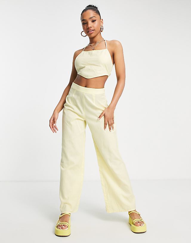 asos Miss Selfridge linen blend wide leg trouser co-ord in lemon