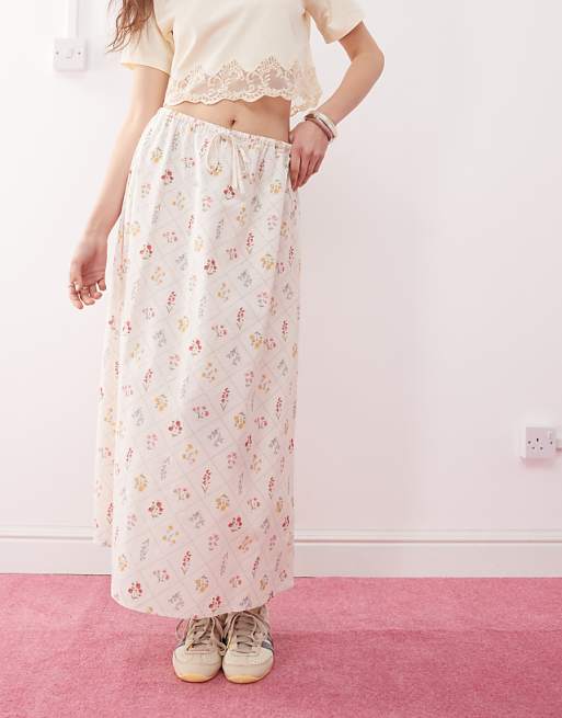 Asos Miss Selfridge Linen Midi Slip Skirt In Cream Floral Print