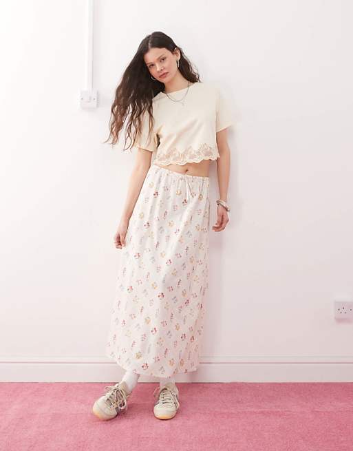 asos Miss Selfridge linen midi slip skirt in cream floral print